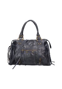 Borsa nera in pelle con doppi manici, tracolla regolabile, tasca frontale con zip, hardware decorativo e finitura testurizzata.