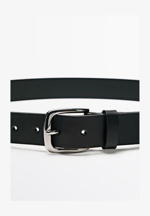 Black leather belt with silver rectangular metal buckle, belt loop, and three visible adjustment holes on a white background.