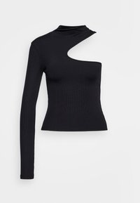 Svart ribbad långärmad topp med en asymmetrisk halsringning och en utdragning på ena sidan. Fixerad design med en slät textur.