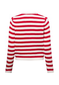 Rot-weiß gestreifter Pullover mit langen Ärmeln, rundem Ausschnitt und gerippter Textur. Verfügt über ein kurzes Design mit elastischem Saum.