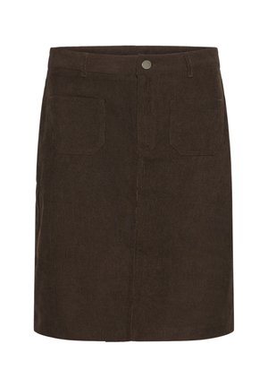 Jupe en velours côtelé marron avec deux poches arrière, coupe droite et fermeture à boutons à l'avant. Le tissu a une texture côtelée et une couleur douce.