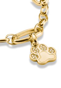 Goldplattierter Kettenarmreif mit einem pfotenförmigen Anhänger, der mit klaren Kristallen verziert ist, und zeichnet sich durch glatte Oberflächen und einen glänzenden Finish aus.