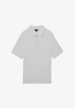 Weißes Polo-Shirt mit kurzen Ärmeln, Reißverschluss, geripptem Textureffekt und klassischem Kragen.