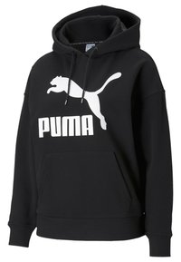 Schwarzer Hoodie aus Baumwollmischung mit einer Kängurutasche, gerippten Bündchen und einem großen weißen Puma-Logo auf der Vorderseite.