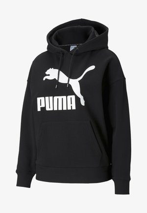 Hanorac negru dintr-un amestec de bumbac, cu buzunar tip kengur pe față, manșete ribbate și un logo Puma mare, alb, pe partea din față.