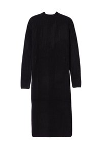 Vestido de punto negro con canalé, de manga larga y cuello alto. La tela parece suave con una textura lisa, extendiéndose por debajo de las rodillas.