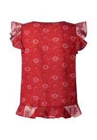 Rode mouwloze blouse met bloemenpatroon, voorzien van ruches aan mouwen en zoom, met lichtroze accenten en gedetailleerde bloemmotieven.