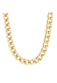 Guld kæde med store, indbyrdes låste led med en glat, poleret overflade. Rund, kraftig design. Ingen indviklede mønstre.