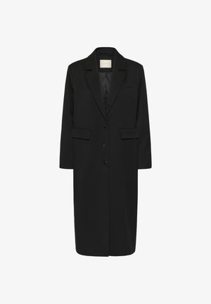 Sort lang skræddersyet frakke med reverskrave, tre forreste knapper, klaplommer og en brystlommesleben, mærket "Kaffe" indeni kraven.