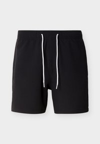 Μαύρο μαγιό σορτς με ριγωτή υφή, ελαστική μέση και λευκό κορδόνι. Διαθέτει πλευρικές τσέπες και ίσια ραφή στο τελείωμα.