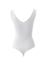 Body bianco con scollo a V profondo, design senza maniche, trama liscia e forma aderente, caratterizzato da una copertura posteriore in stile perizoma.