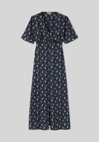 Robe bleu marine avec un motif floral, manches courtes, décolleté en V et taille cintrée, présentant une jupe longue et une fermeture à boutons sur le devant.