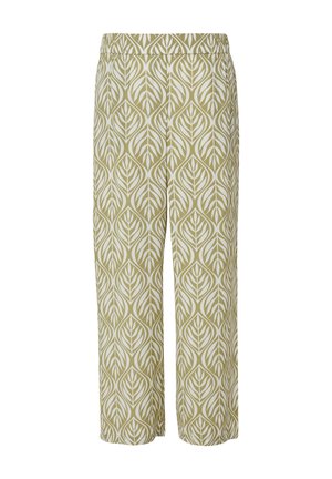 Lichtgroene gestreepte broek met een wit bladdessin. Voorzien van een elastische tailleband en een relaxte pasvorm, gemaakt van ademende stof.