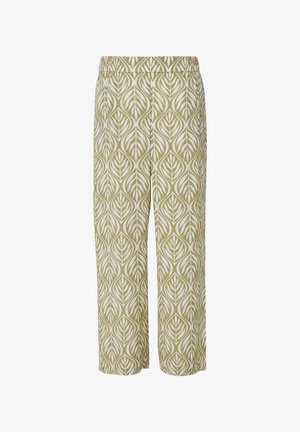 Lichtgroene gestreepte broek met een wit bladdessin. Voorzien van een elastische tailleband en een relaxte pasvorm, gemaakt van ademende stof.