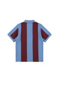 Polo majica s kratkimi rokavi z izmeničnimi širokimi vertikalnimi črtami v svetlo modri in temno rdeči barvi, prikazana od zadaj.