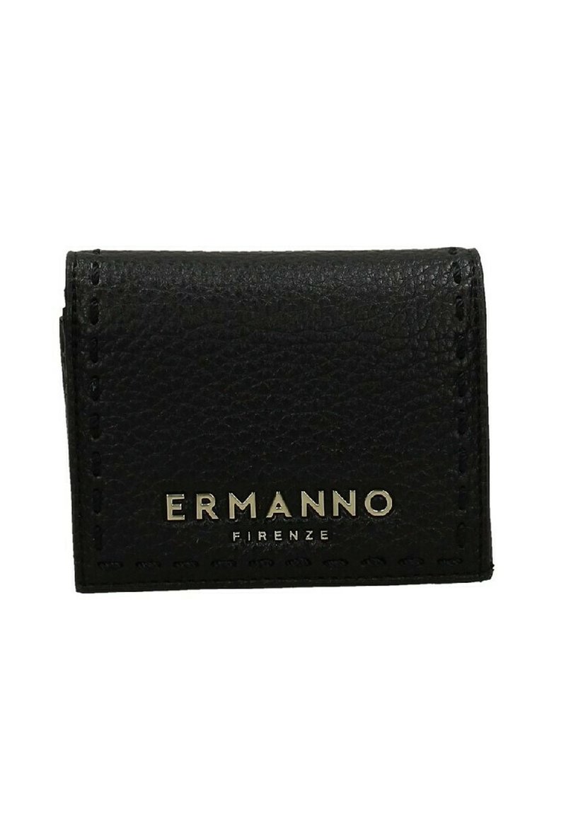 Portafoglio in pelle nera con finitura textured, caratterizzato da un design a pieghe e logo impresso "ERMANNO FIRENZE" in hardware argentato.