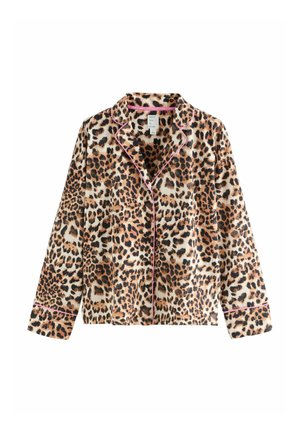 Leopard print pajama top in soft fabric, featuring long sleeves, collar, and pink piping along the edges. Regular fit design.