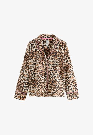Leopard print pajama top in soft fabric, featuring long sleeves, collar, and pink piping along the edges. Regular fit design.