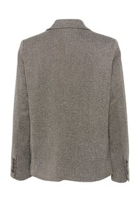 Blazer en tweed chevron marron avec col cranté et poignets boutonnés, présenté de dos sur un fond blanc.