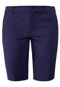 Marinblå shorts i slät tyg med rak front, med knappstängning, bältesöglor och sidofickor.