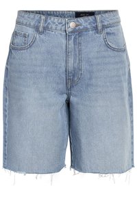 Shorts in denim blu chiaro con vita alta, cinque tasche, orlo sfilacciato e chiusura classica a bottone. Realizzati in tessuto morbido e testurizzato.