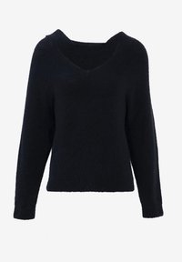 Maglione nero in peluche con scollo a V ampio, maniche lunghe e vestibilità comoda. Realizzato in materiale morbido, presenta una superficie testurizzata.