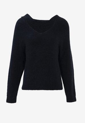 Zwarte pluche sweater met een ruime V-hals, lange mouwen en een ontspannen pasvorm. Gemaakt van zacht materiaal met een gestructureerd oppervlak.