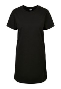 Black cotton t-shirt dress with short sleeves, round neck, and straight cut. Smooth texture, no patterns or accents visible.