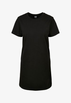Vestito in cotone nero con maniche corte, scollo rotondo e taglio dritto. Texture liscia, senza motivi o accenti visibili.