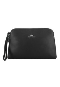Borsa a mano in pelle nera con finitura texturizzata, chiusura con zip e un cinturino da polso. Presenta un logo argentato sulla parte anteriore.