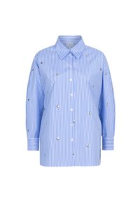 Blue striped shirt with silver decorative accents, button-down front, long sleeves, and a single chest pocket. Smooth, lightweight fabric.