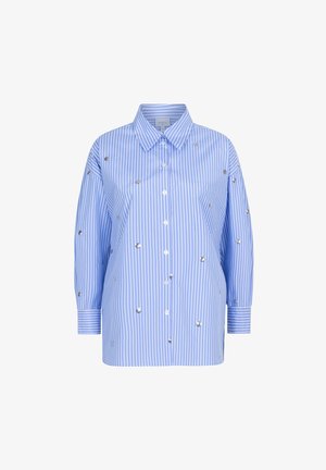 Blauw gestreept overhemd met zilveren decoratieve accenten, knoopsluiting aan de voorkant, lange mouwen en een enkel borstzakje. Glad, lichtgewicht stof.