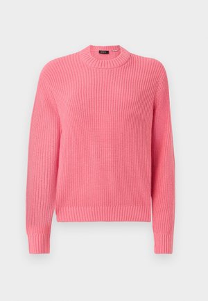 Pink knitted sweater with a ribbed texture, crew neck, and long sleeves. Features a slightly relaxed fit and ribbed hem and cuffs.