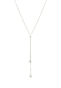 Sølv metal lariat halskæde med en glat kæde, der har en cirkulær accent og en rund vedhæng i enden. Minimalistisk design.