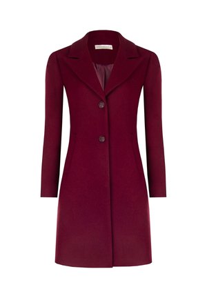 Cappotto in misto lana borgogna con vestibilità su misura, colletto a rever, tre bottoni e tasche. Tessuto liscio e silhouette elegante.