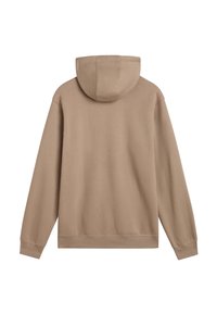 Felpa con cappuccio in tessuto beige caratterizzata da una morbida texture opaca. Presenta un design semplice, maniche lunghe e polsini a costine.