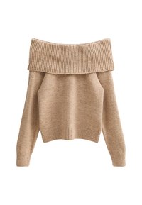 Beżowy sweter bez ramiączek, dzianinowa tekstura, prążkowany dekolt i mankiety, długie rękawy, luźny krój, miękki materiał.