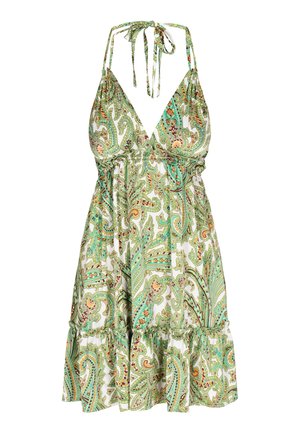 Halterio apkaklės suknelė su giliu V formos iškirpimu, puošta žaliais paisley raštais ant baltos medžiagos ir su volančiu priekšmus. Lengva, gėlių rašto.