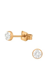 Orecchini a bottone dorati con design circolare, caratterizzati da quattro strass trasparenti disposti in un arrangiamento a grappolo su una base metallica.
