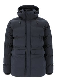 Marineblauer Steppjacke mit hohem Kragen, zwei Vorderaschen und verstellbarer Kapuze. Glatte Textur mit einem gesteppte Muster und ohne sichtbare Beschläge.