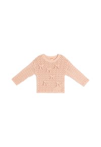 Jasnoróżowy sweter dziany z fakturowanym wzorem, z trzema kokardkami z przodu oraz długimi rękawami i prążkowanym okrągłym dekoltem.