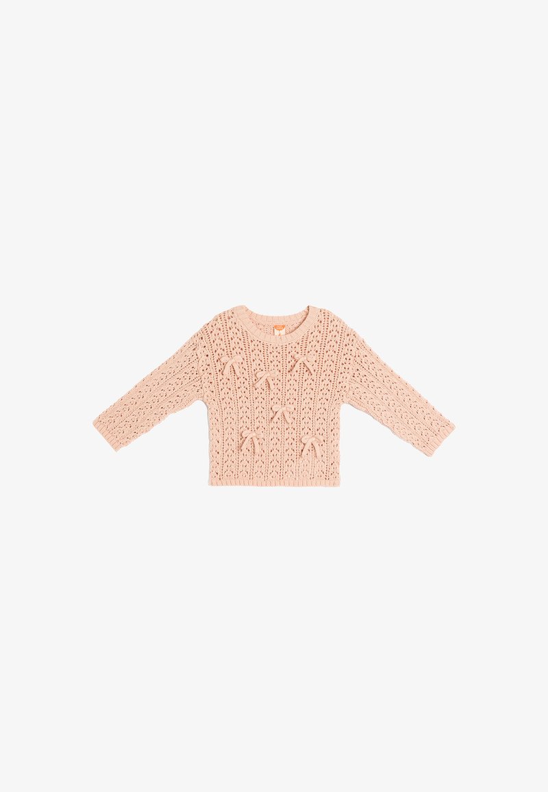 Jasnoróżowy sweter dziany z fakturowanym wzorem, z trzema kokardkami z przodu oraz długimi rękawami i prążkowanym okrągłym dekoltem.