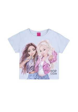 Two illustrated girls on a light blue shirt; one with long brown hair holding a microphone, the other with long blonde hair in a pink jacket.