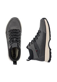 Gray hiking shoes with a suede upper, black laces, mesh side accents, and a white rubber sole. Features logo and reinforced toe.