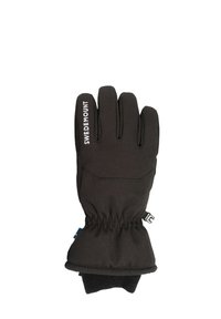 Czarna izolowana rękawica o dopasowanym kroju. Posiada teksturowaną powierzchnię, elastyczny mankiet i nazwę marki "SWEDEMOUNT" wydrukowaną na białym tle.