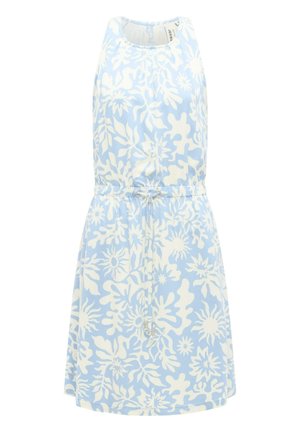Bezrękawnik, jasnoniebieska sukienka z białym kwiatowym wzorem i troczkiem w talii, długość do kolan, okrągły dekolt.