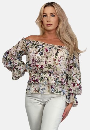 Blütenbluse mit schulterfreien Ärmeln und Rüschendetails, mit beigem Hintergrund und mehrfarbigem Blumenmuster, tailliert.