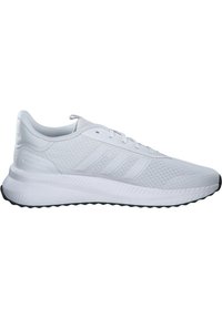 Scarpe sportive bianche realizzate in tessuto a rete, con una superficie texturizzata, logo a tre strisce e una suola imbottita con una suola nera.
