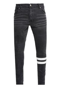 Black denim jeans with a textured design, featuring white stripes on the lower leg and a classic five-pocket style.