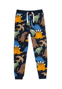 Ungdoms sweatpants i marineblå med et dinosaur mønster i forskellige farver, herunder grøn, orange og brun; elastisk talje med snoretræk.